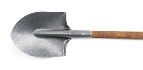 Metal shovel with wooden handle isolated on white, top view