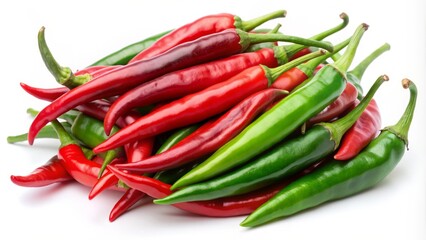 Vibrant red and green cayenne peppers in a group, typically used in Indonesian cuisine, isolated on a clean white background, showcasing their spicy charm.