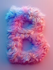 Fluffy letter B made of colorful pastel fur against a blue and pink gradient background, creating a soft and whimsical visual effect.