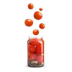 Tomatoes falling into jar on white background
