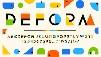 Color geometry font, modern art type letters and numbers with rainbow color geometric shapes and figures, vector typography. English abc characters abstract font in frame of colorful geometry pattern