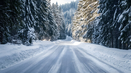 Snow-covered road in pine forest, serene winter wonderland scene