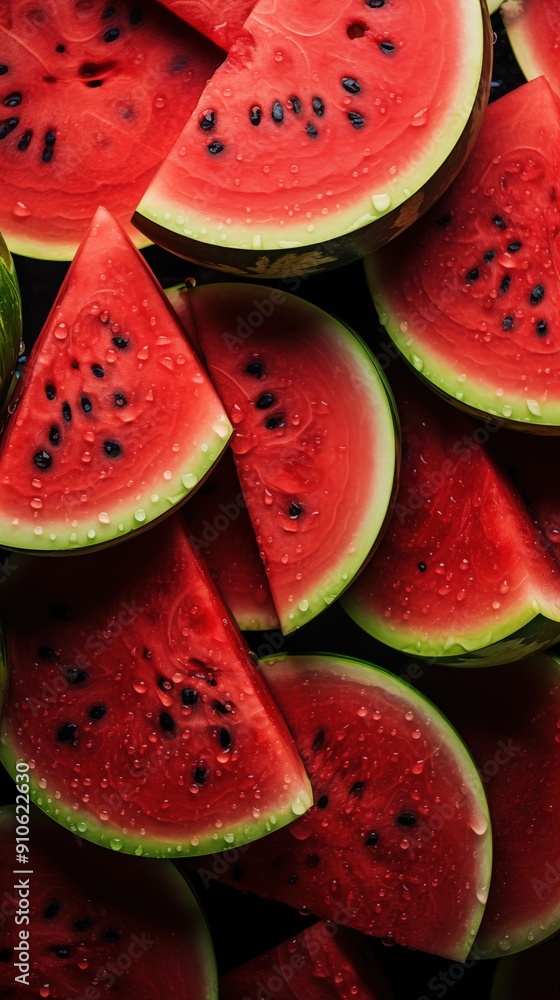 Wall mural Fresh watermelon slices, showcasing their juicy red flesh and black seeds. The slices are stacked and overlapping, with droplets of water adding a refreshing look background.