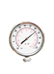 A circular pressure gauge with a needle indicating pressure in inHg, kg/cm², and psi.																									