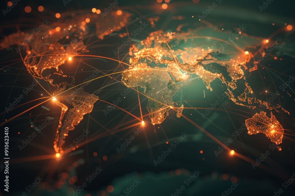 Poster global connectivity abstract world map with glowing lines and connections, globe background for trav