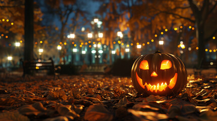 Halloween background with copy space for text. A Jack o'lantern pumpkin is placed at a park at night in the Autumn season with falling leaves.