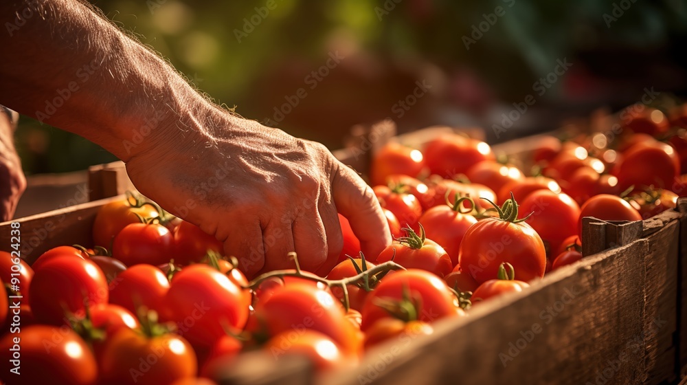 Poster hand selecting ripe tomatoes from a wooden crate filled with fresh produce. the warm sunlight highli