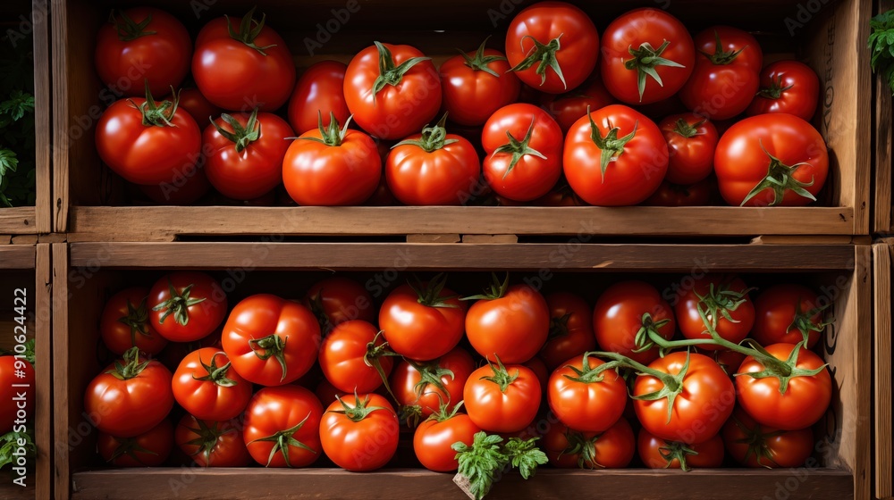 Poster fresh, ripe tomatoes stacked in wooden crates at a market. the vibrant red color of the tomatoes con
