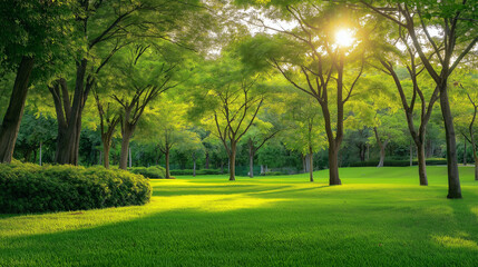 Obraz premium A lush park scene with vibrant greens and gentle summer light