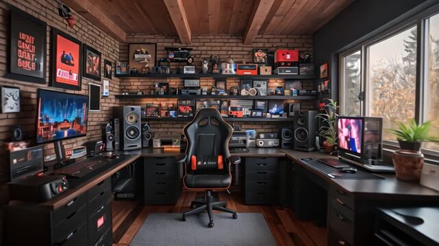 This well-organized gaming setup featuring two desks, speakers, and decor.