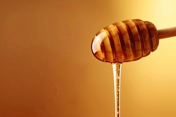 Golden honey dripping from a wooden dipper.