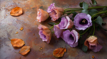 Autumn lisianthus in soft pinks and purples, glowing gently in warm light