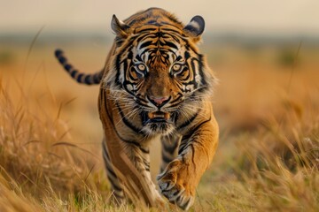 A fierce tiger prowls through the tall grass, its intense gaze locked on its prey. This powerful image captures the raw strength and majesty of this apex predator in the wild.