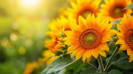 Rich summer sunflowers with vibrant yellows and oranges, glowing softly in the bright afternoon sun