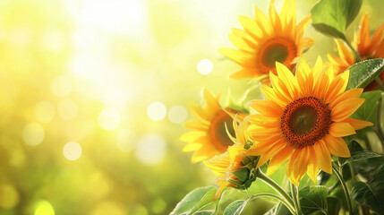 Obraz premium Rich summer sunflowers with vibrant yellows and oranges, glowing softly in the bright afternoon sun
