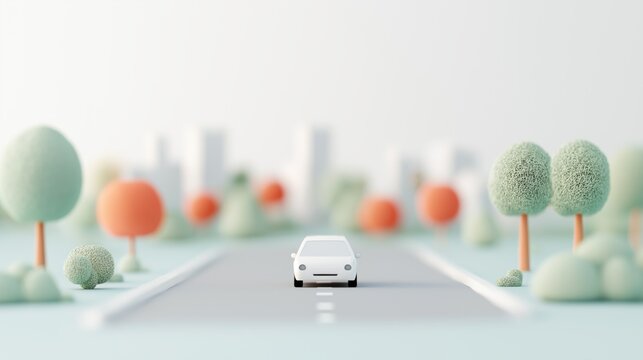 Stylized minimalist city road with white car surrounded by trees and buildings, 3d illustration.