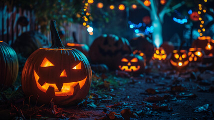 Obraz premium Halloween seasonal social media background poster design with copy space for text. Jack-o'-lantern pumpkins and Halloween decorations in neon orange and dark blue color tone.