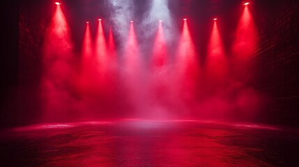  Free stage with lights and smoke, Empty stage with red spotlights, conser, show, party, Presentation concept. Red spotlight strike on black background 