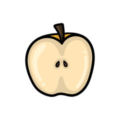 An illustration of a yellow apple cut in half on a white background