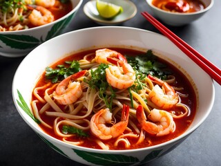 Curry Laksa which is a popular traditional spicy noodle soup from the culture in Malaysia. Ai Generative.