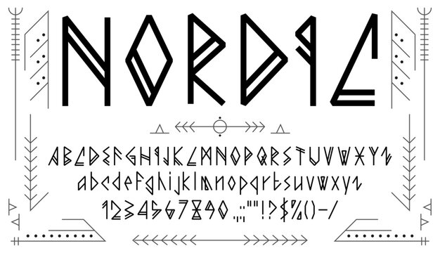 Fototapeta Viking font or Nordic rune type and ethnic Scandinavian typeface, vector Norse epic alphabet. Medieval Viking font with ancient Nordic runes letters of English alphabet in runic script thin typeface