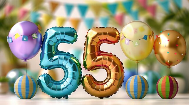Colorful 55th birthday celebration with balloons and festive decorations, perfect for a cheerful and joyous milestone event.