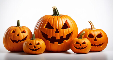 Pumpkins spoky face with rich orange hues, isolated on a white background, showcasing their smooth...