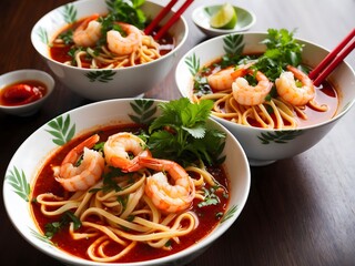 Curry Laksa which is a popular traditional spicy noodle soup from the culture in Malaysia. Ai Generative.