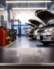 Fototapeta premium A metal blank tabletop with blurred automotive tools and parts in the background suitable for promoting automotive products