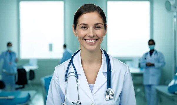 Lifestyle portrait video of a satisfied doctor in her 30s wearing a scrub or lab coat with doctors nurses therapists