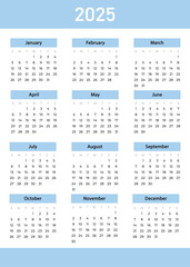 Calendar 2025 year. Week starts on SUNDAY. Vector illustration