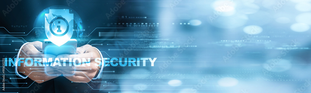 Poster information security analyst using mobile smartphone and information security icon network connectio
