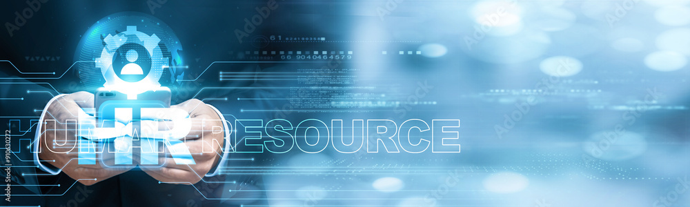 Poster hr professionals using mobile smartphone and hr icon network connection to manage employee data with