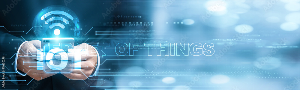 Poster internet of things.businessman using mobile smartphone and iot icon network connection to monitor da