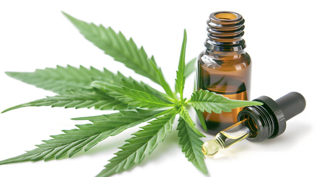 Cannabis essential oil, CBD oil extract with canabis green leaf isolated on white background.