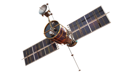 Satellite with solar panels in space isolated on transparent background 
