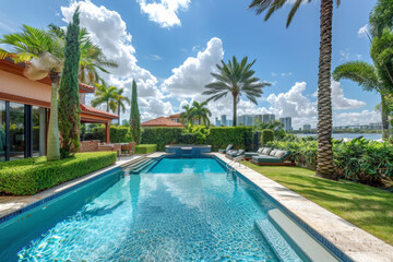 Classic pool house with open-air lounge, lush greenery, and sparkling pool behind a large white farmhouse in New England, mid-summer, captured with Canon EOS R5.