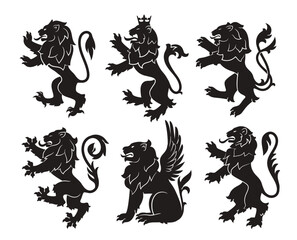 Set of Royal heraldic lions. Black silhouette of rampant lion and griffins for logo or coat of arms. Premium wild animal crest symbols. Flat vector illustration collection isolated on white background © Rudzhan