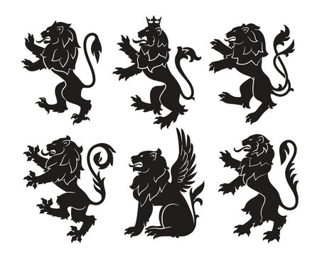 Set of Royal heraldic lions. Black silhouette of rampant lion and griffins for logo or coat of arms. Premium wild animal crest symbols. Flat vector illustration collection isolated on white background