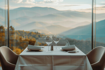 table setting in a Elegant table setup glasses of champagne drinks and cutlery with a stunning view luxury restaurant. Romantic dinner with panoramic mountain view. Romance date on vacatstaurant