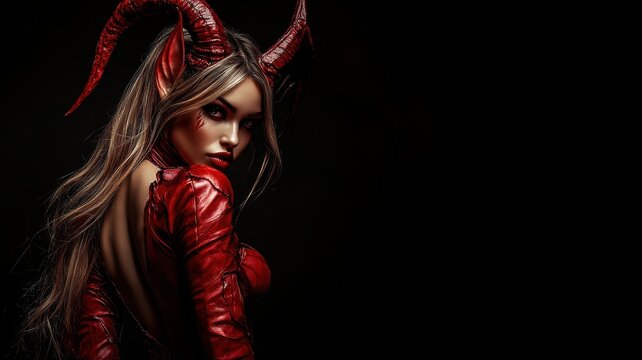 A striking portrait of a confident woman in a red outfit with devil horns, exuding an alluring and edgy vibe in low light.
