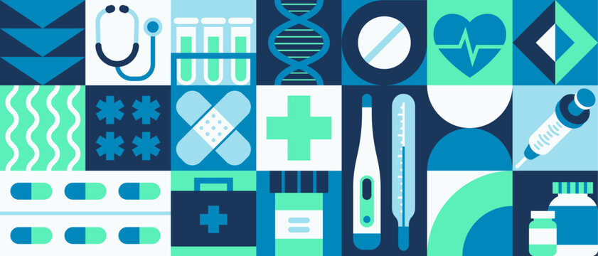 Abstract medical banner. Geometric pattern or mosaic tile related to medicine and pharmacy. Poster with medicines, pills, first aid kit and injection syringe. Health Care. Flat vector illustration