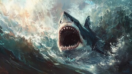 A Great White Shark Surfacing with Open Mouth