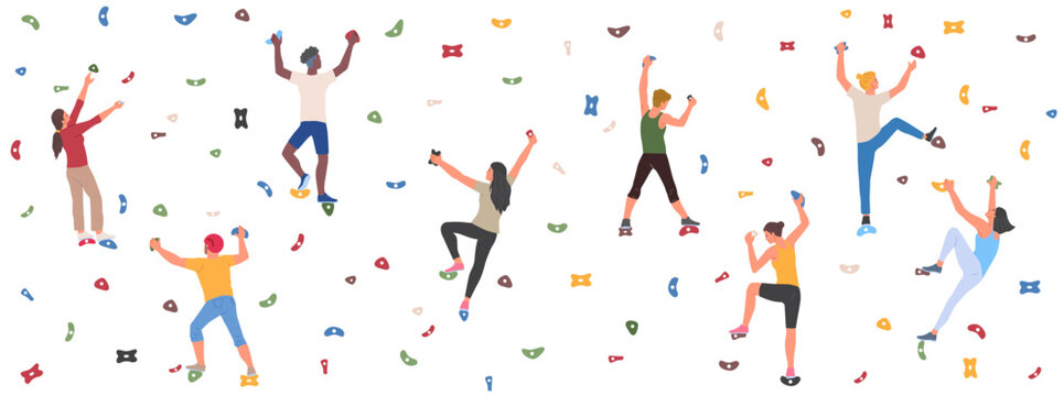 People climbing up in bouldering park. Men and women athletes climb up artificial mountain with ledges and rocks. Characters doing extreme sports. Flat vector illustration set isolated on background