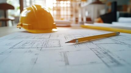 Blueprint floor plan architectural project on the table with yellow helmet and pencil
