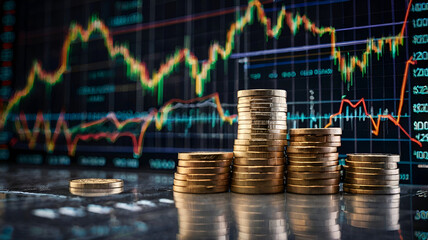 Financial investment stack of coins for finance investor with trading graph growth banking, Digital economy and cryptocurrency on a city background. Ai generative