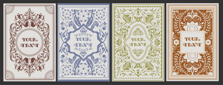 Vintage floral engraving frame set. Retro ornate decorative posters with elegant floral ornaments. Design element for brochure or book cover. Vector illustration collection isolated on background