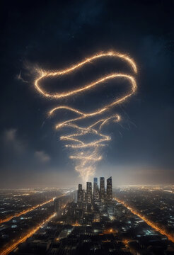 Fire Work in Luxury modern City with tower building