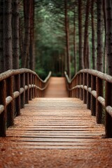Fototapeta premium A serene wooden bridge crossing through a dense forest, surrounded by tall trees and lush greenery.