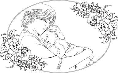Mother holding a sleeping baby black and white illustration